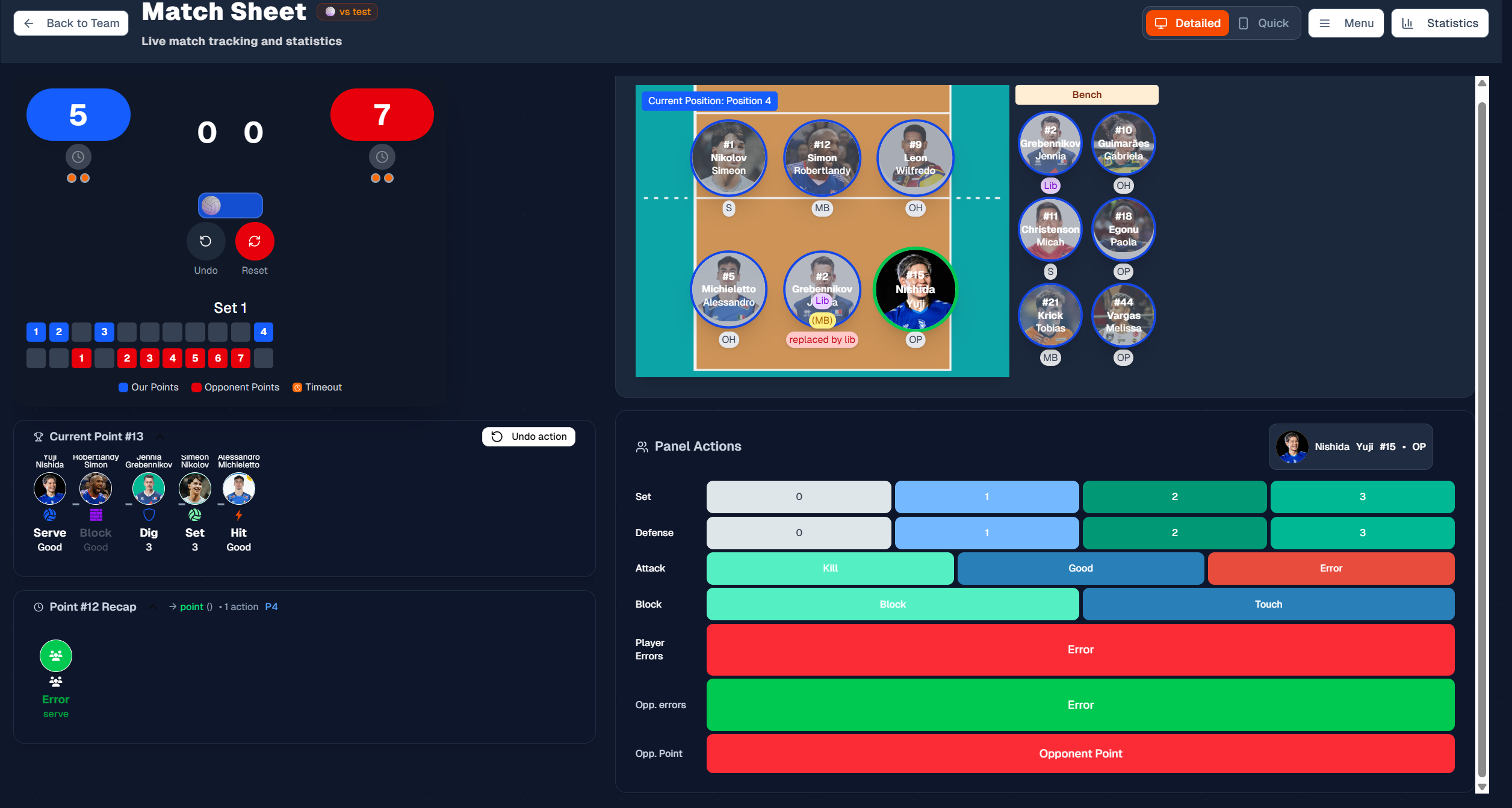 TacticalVolley analytics dashboard showing match sheet