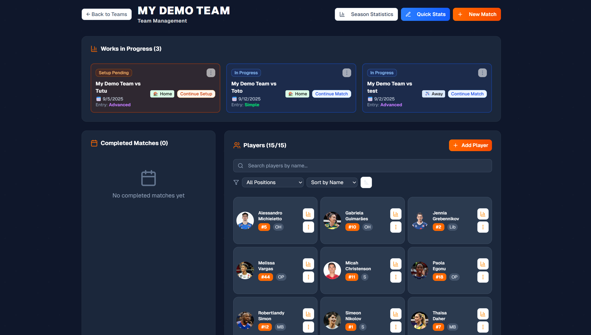 TacticalVolley - Team page and match overview